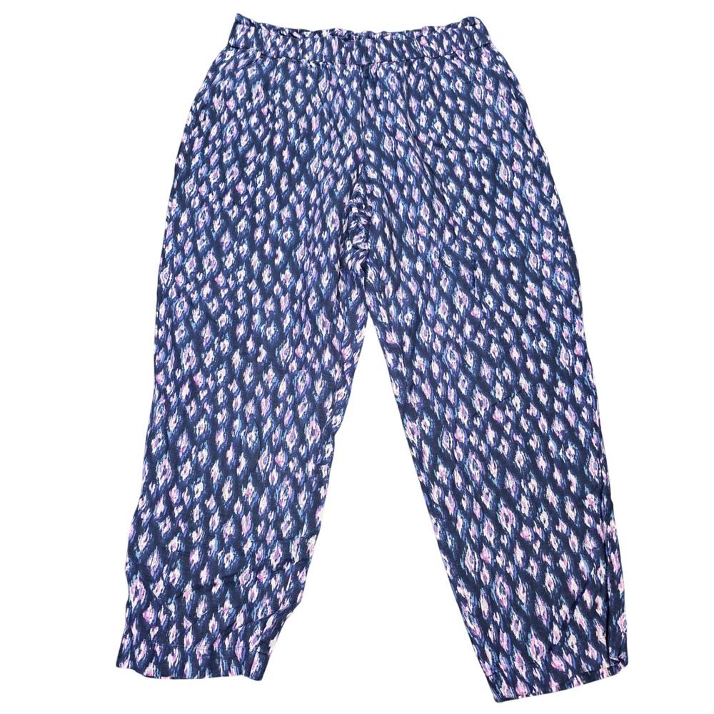 LOFT Ikat‎ Linen Blend Tapered Pants Women's Size M Blue Pink Elastic Waist